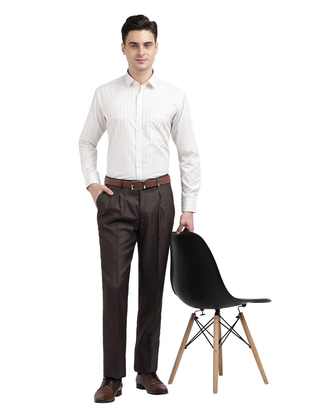 Model wearing Clarke Gable's Light Cream Striped Formal Shirt in a casual setting