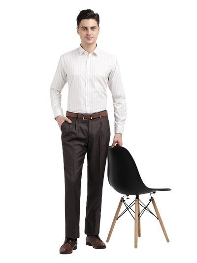 Model wearing Clarke Gable's Light Cream Striped Formal Shirt in a casual setting