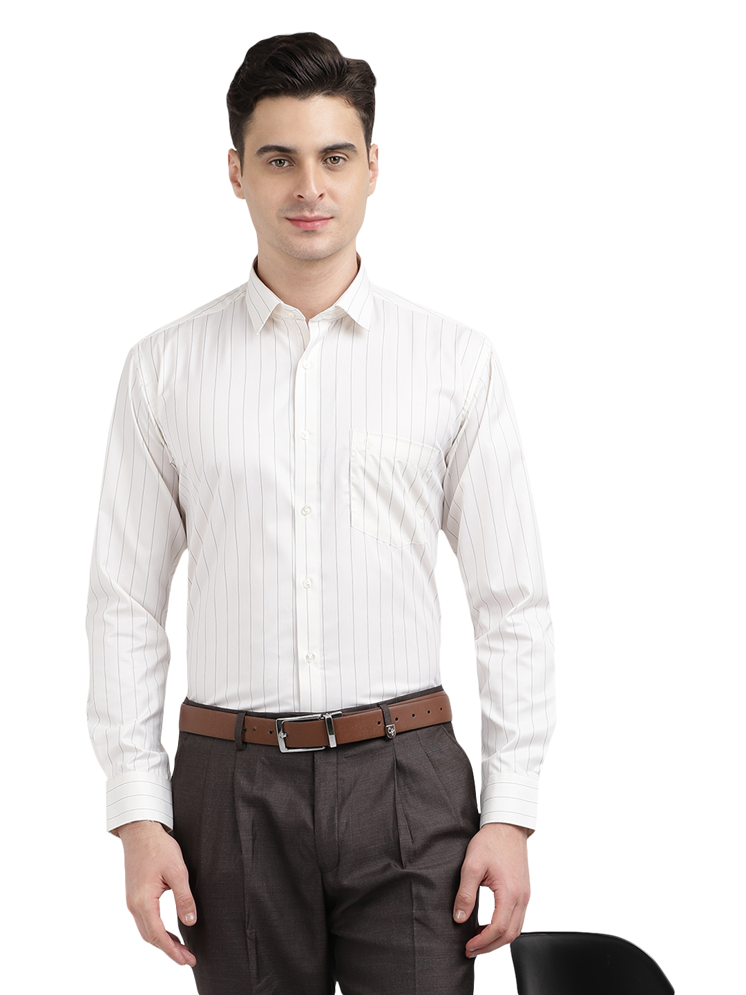Model wearing Clarke Gable's Light Cream Striped Formal Shirt in a casual setting