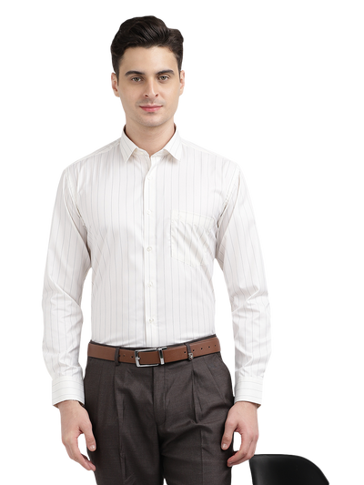 Model wearing Clarke Gable's Light Cream Striped Formal Shirt in a casual setting