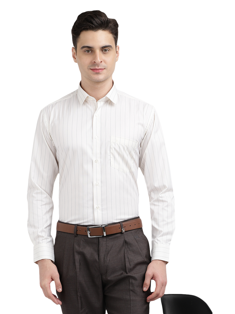 Model wearing Clarke Gable's Light Cream Striped Formal Shirt in a casual setting