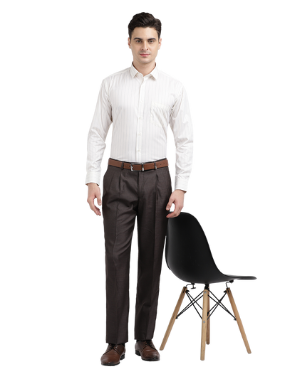 Model wearing Clarke Gable's Light Cream Striped Formal Shirt in a casual setting