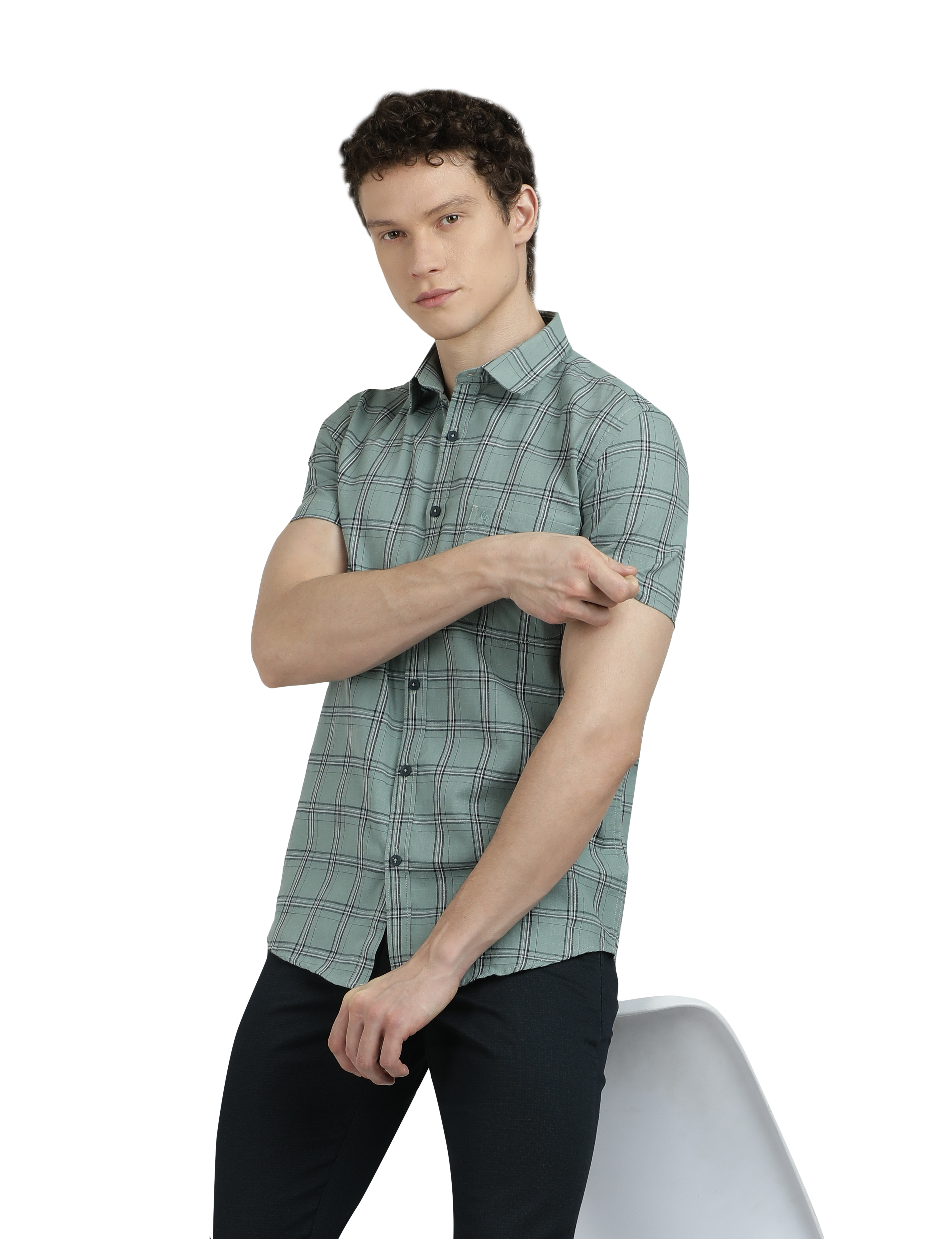 Model wearing Clarke Gable's Light Green Checked Semi Casual Shirt in a casual setting