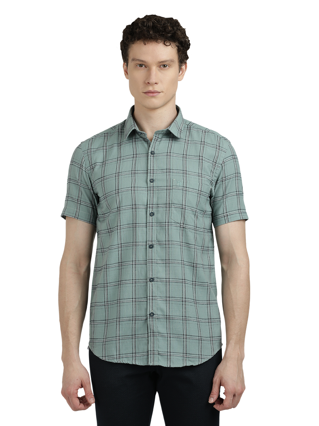 Model wearing Clarke Gable's Light Green Checked Semi Casual Shirt in a casual setting