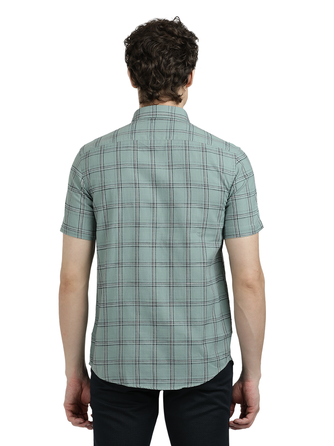 Model wearing Clarke Gable's Light Green Checked Semi Casual Shirt in a casual setting