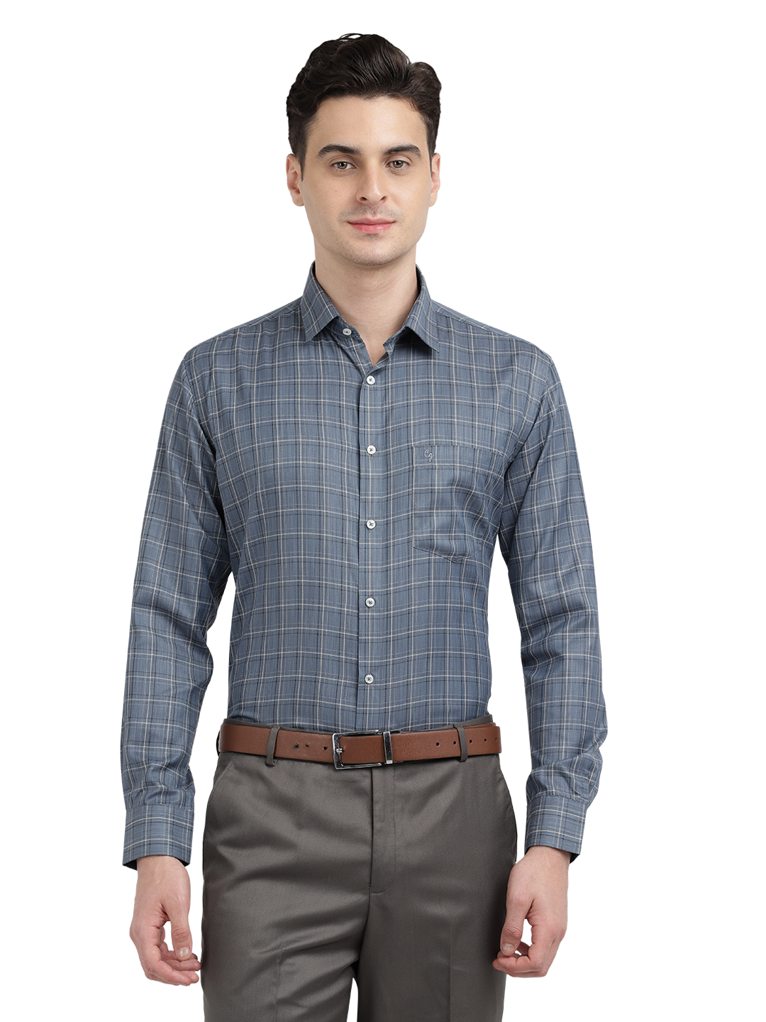 Model wearing Clarke Gable's Light Grey Checked Formal Shirt in a casual setting