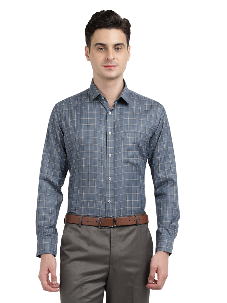 Model wearing Clarke Gable's Light Grey Checked Formal Shirt in a casual setting