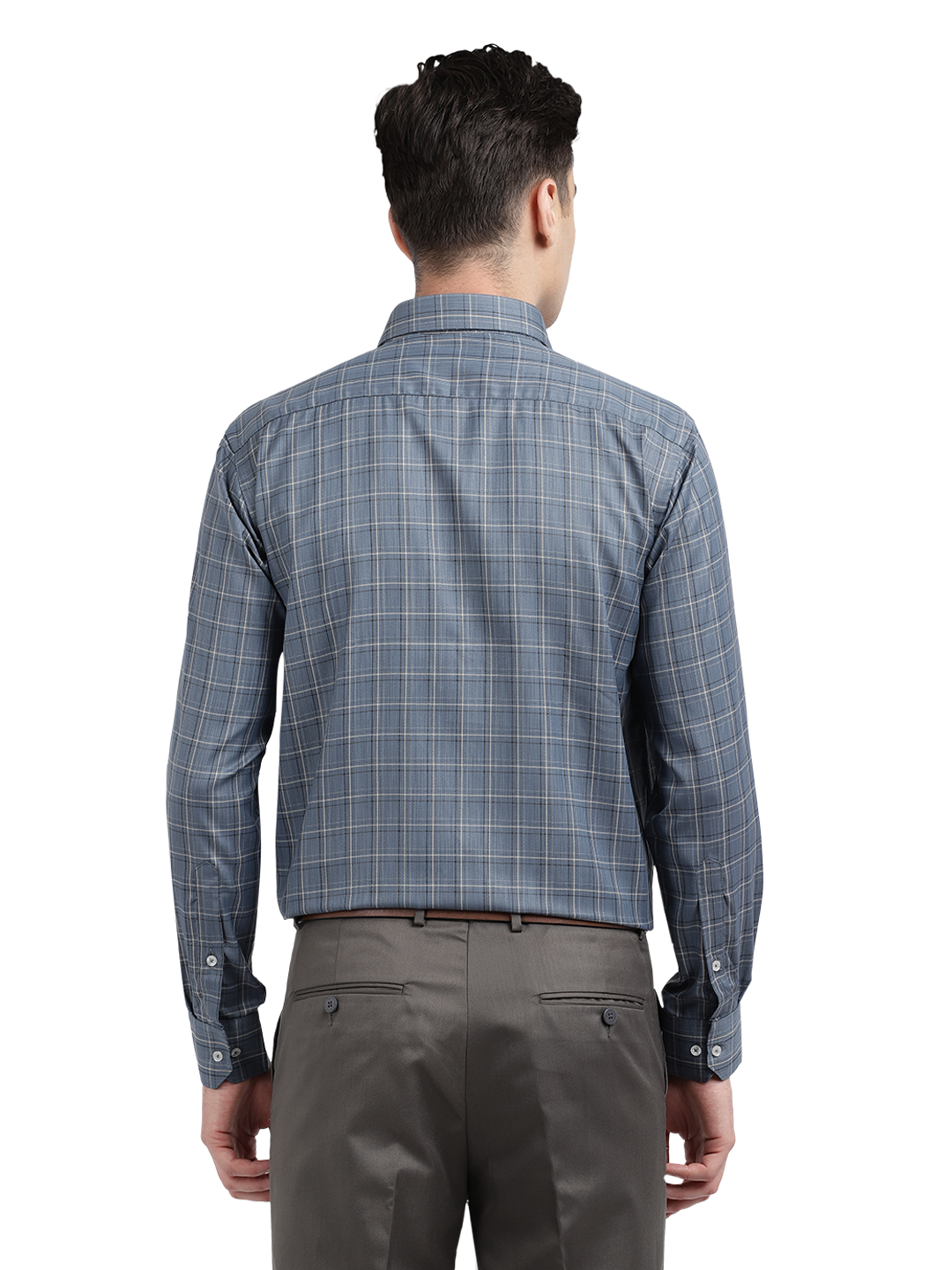 Model wearing Clarke Gable's Light Grey Checked Formal Shirt in a casual setting