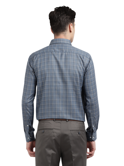 Model wearing Clarke Gable's Light Grey Checked Formal Shirt in a casual setting