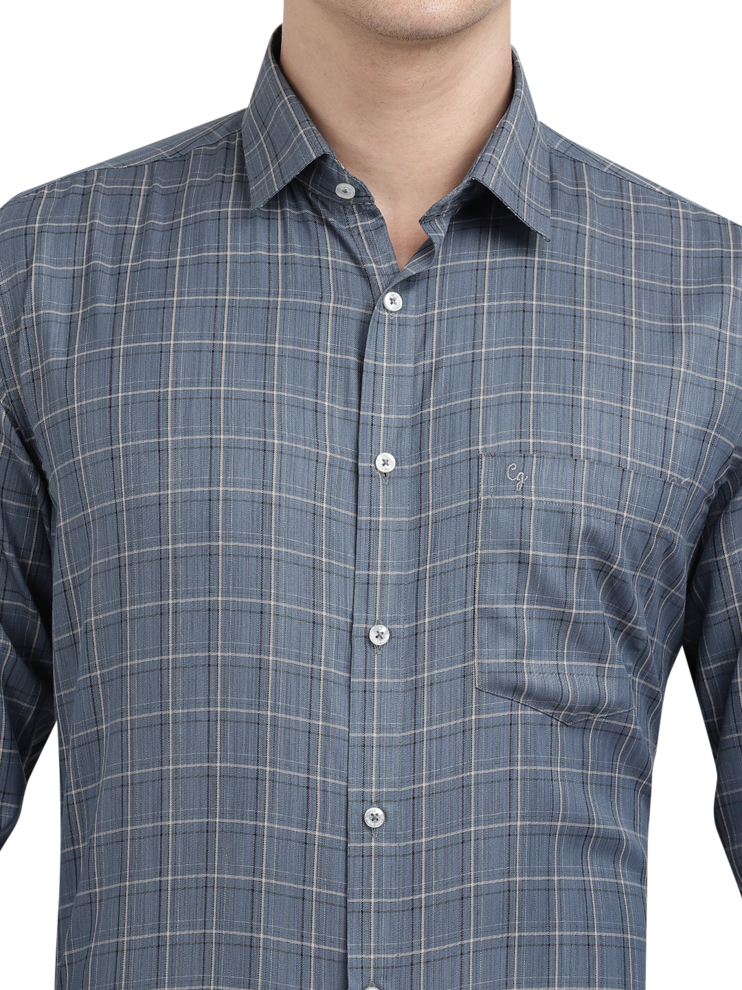 Model wearing Clarke Gable's Light Grey Checked Formal Shirt in a casual setting