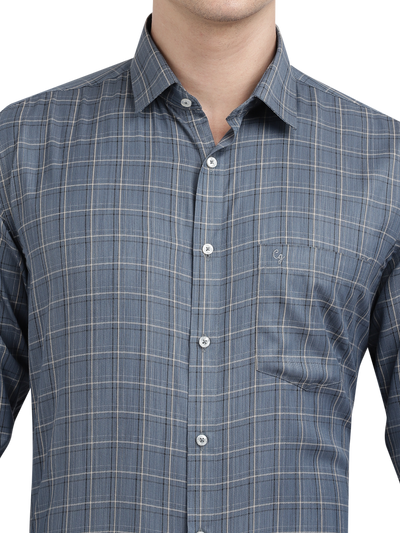 Model wearing Clarke Gable's Light Grey Checked Formal Shirt in a casual setting