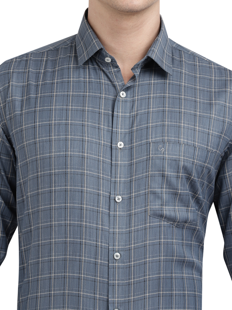 Model wearing Clarke Gable's Light Grey Checked Formal Shirt in a casual setting