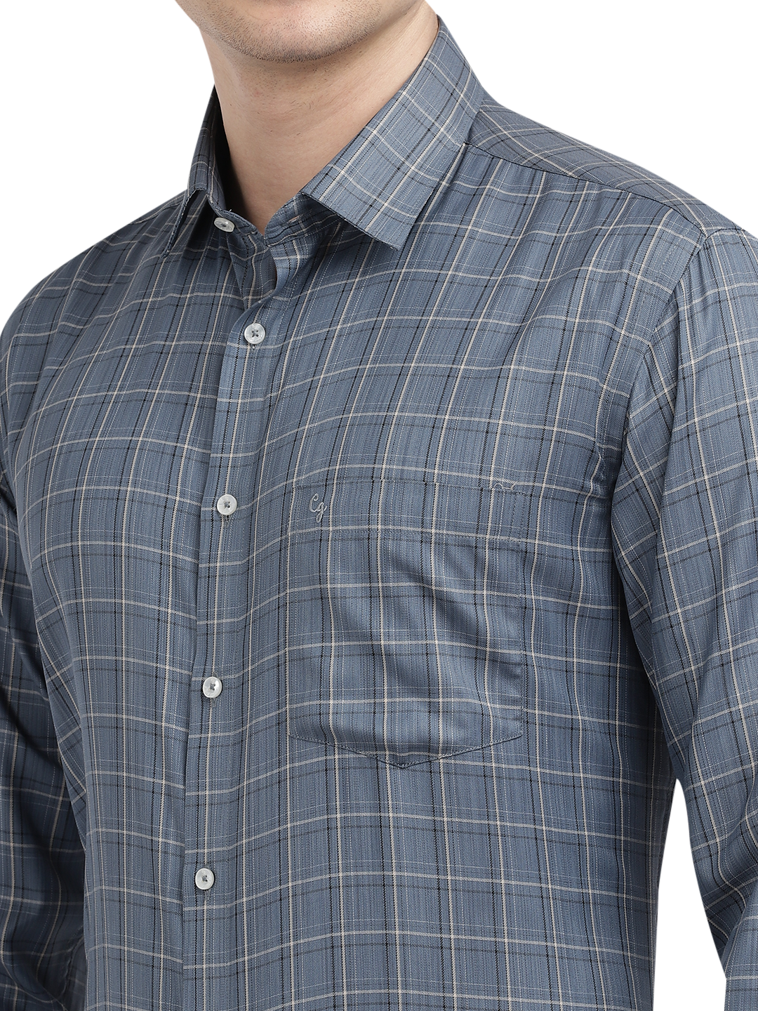 Model wearing Clarke Gable's Light Grey Checked Formal Shirt in a casual setting