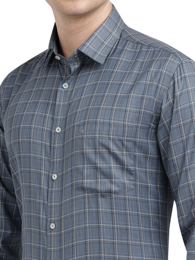 Model wearing Clarke Gable's Light Grey Checked Formal Shirt in a casual setting