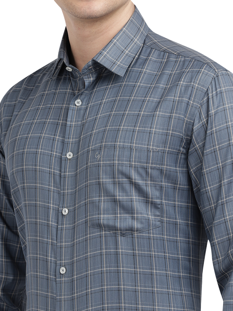 Model wearing Clarke Gable's Light Grey Checked Formal Shirt in a casual setting