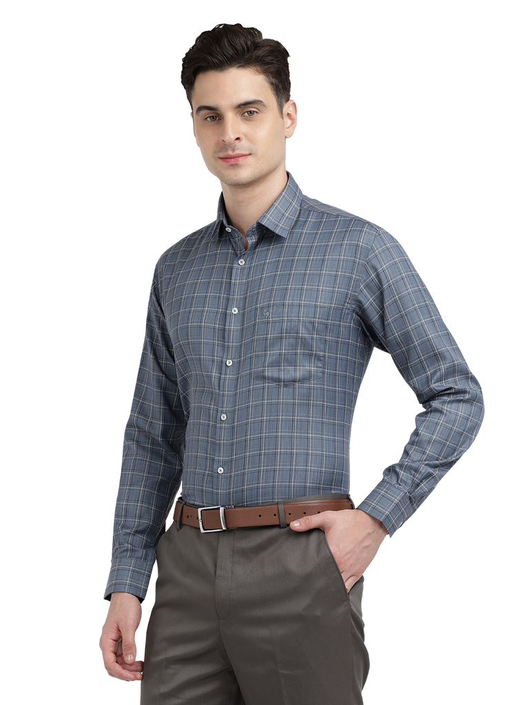 Model wearing Clarke Gable's Light Grey Checked Formal Shirt in a casual setting