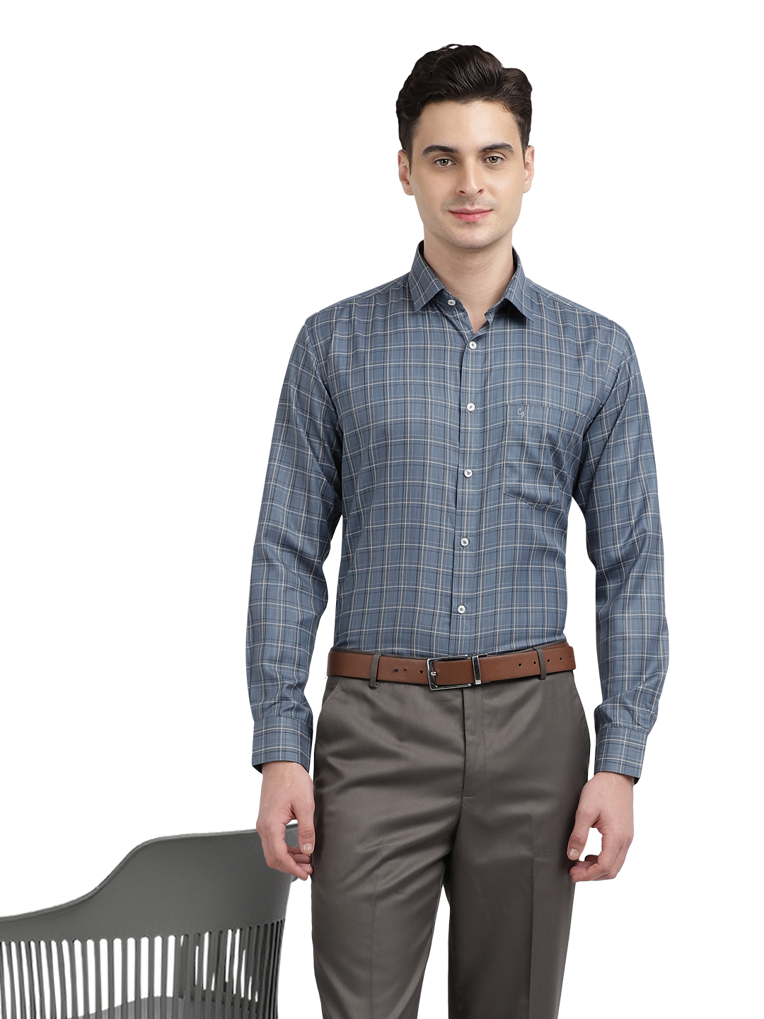 Model wearing Clarke Gable's Light Grey Checked Formal Shirt in a casual setting