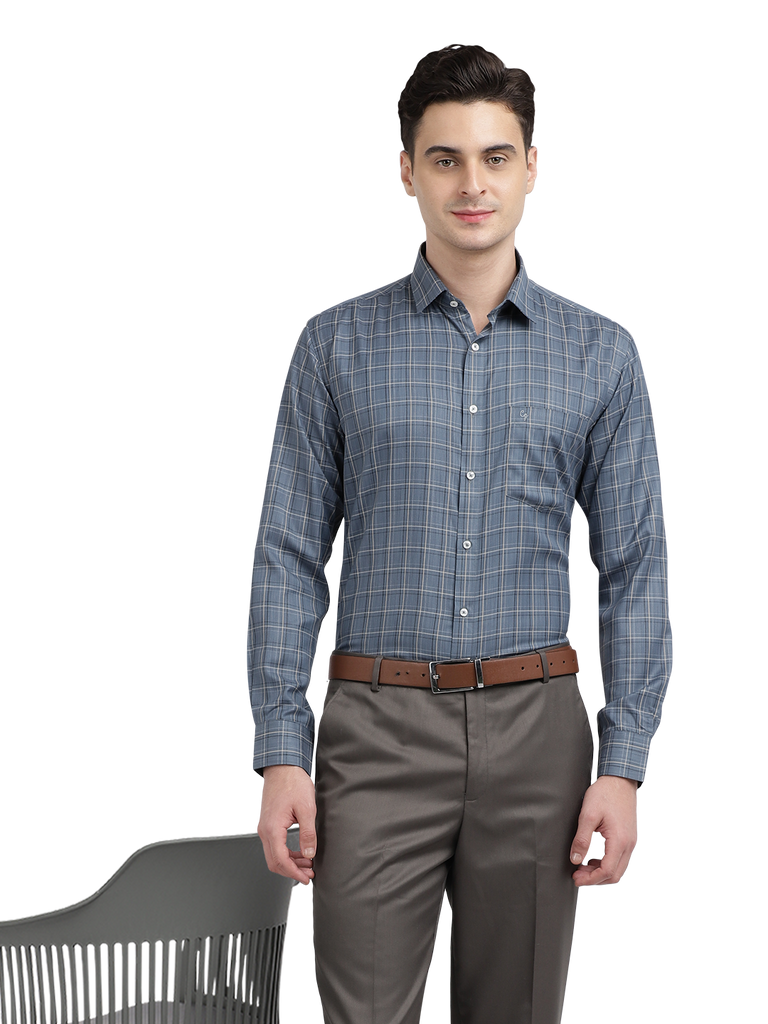 Model wearing Clarke Gable's Light Grey Checked Formal Shirt in a casual setting