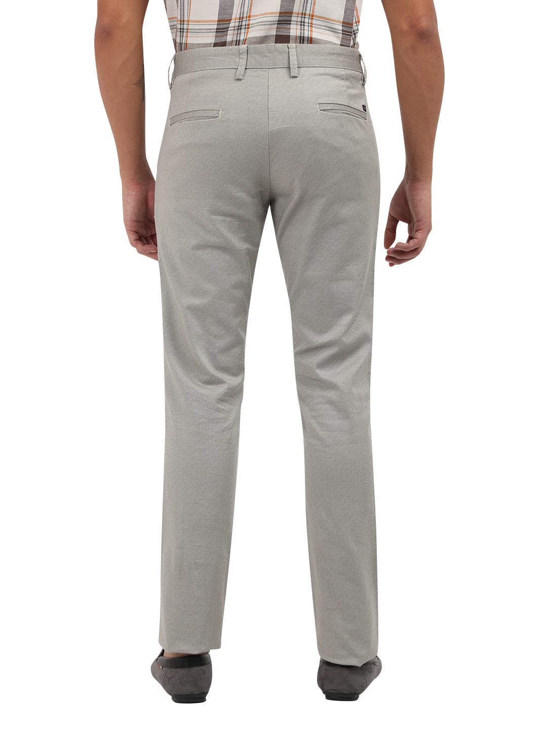 Model wearing Clarke Gable's Light Grey Custom Fit Trousers in a casual setting