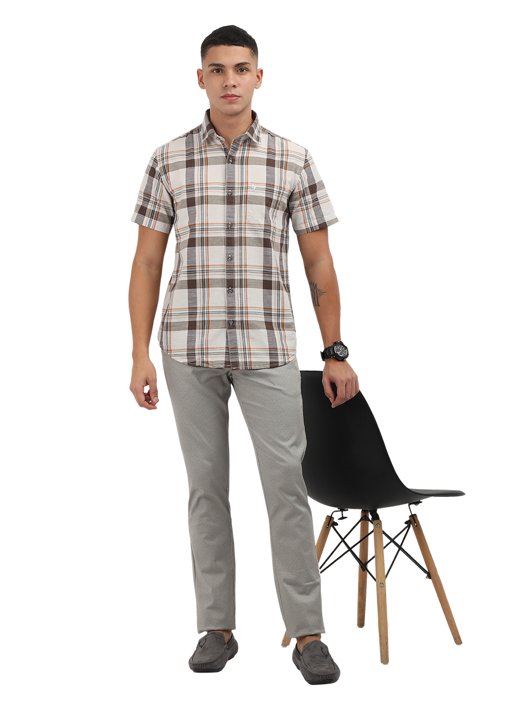 Model wearing Clarke Gable's Light Grey Custom Fit Trousers in a casual setting