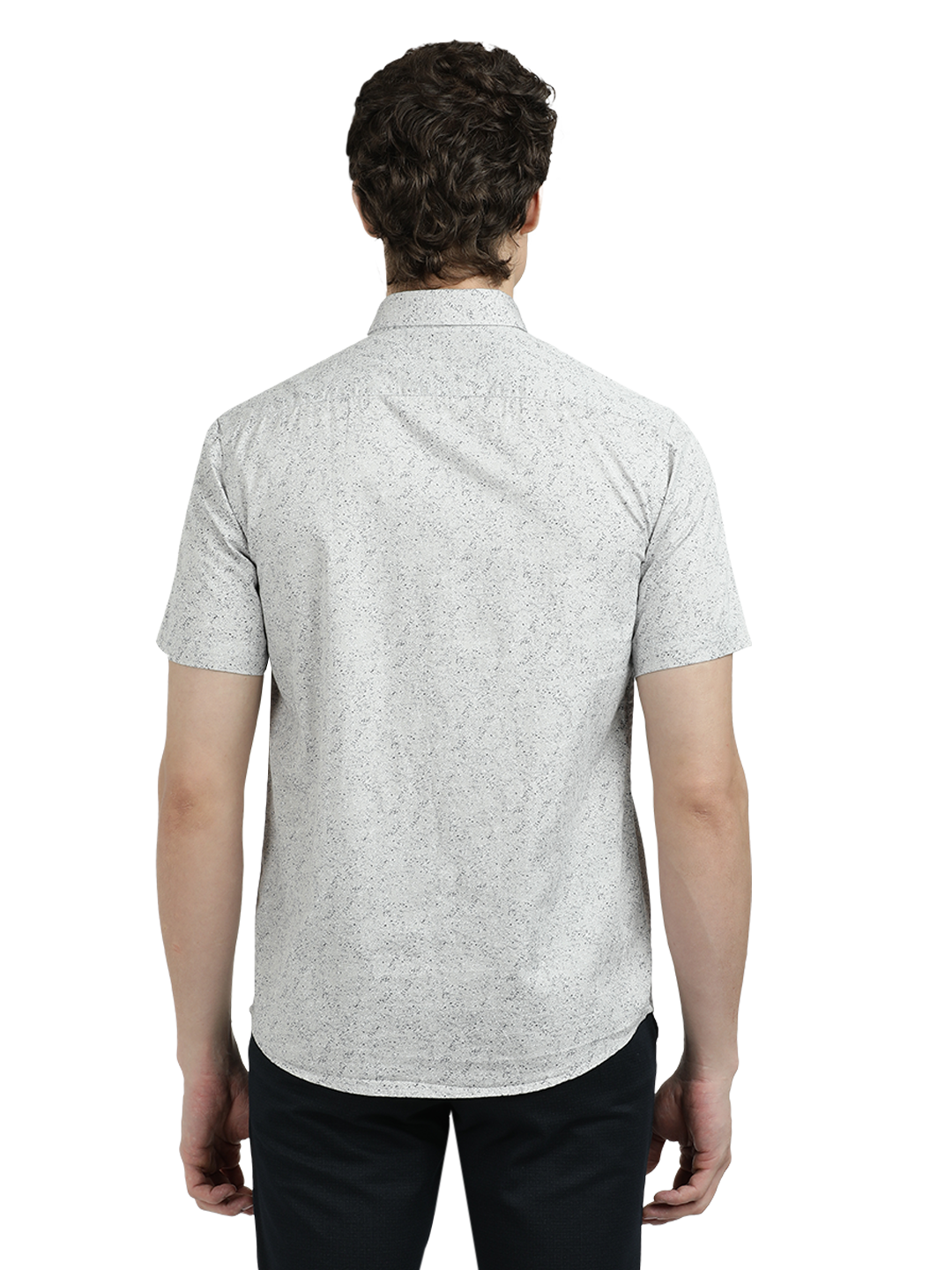 Model wearing Clarke Gable's Light Grey Printed Semi Casual Shirt in a casual setting