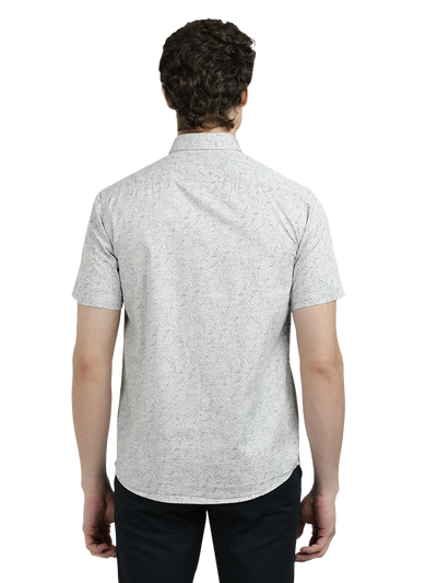 Model wearing Clarke Gable's Light Grey Printed Semi Casual Shirt in a casual setting