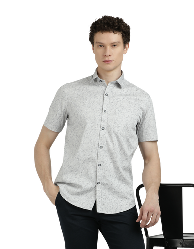 Model wearing Clarke Gable's Light Grey Printed Semi Casual Shirt in a casual setting
