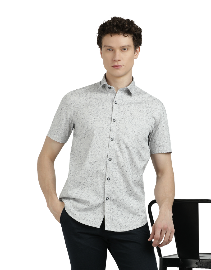 Model wearing Clarke Gable's Light Grey Printed Semi Casual Shirt in a casual setting