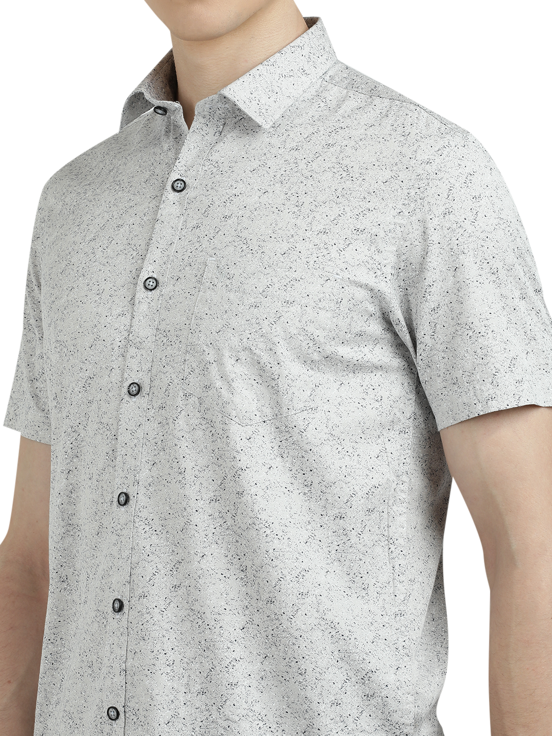 Model wearing Clarke Gable's Light Grey Printed Semi Casual Shirt in a casual setting