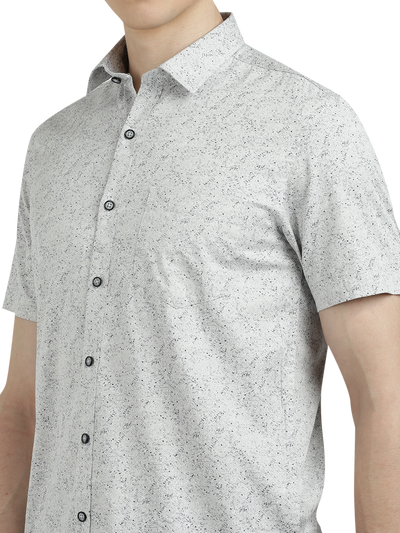 Model wearing Clarke Gable's Light Grey Printed Semi Casual Shirt in a casual setting