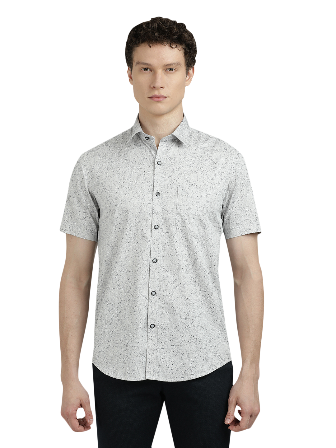 Model wearing Clarke Gable's Light Grey Printed Semi Casual Shirt in a casual setting