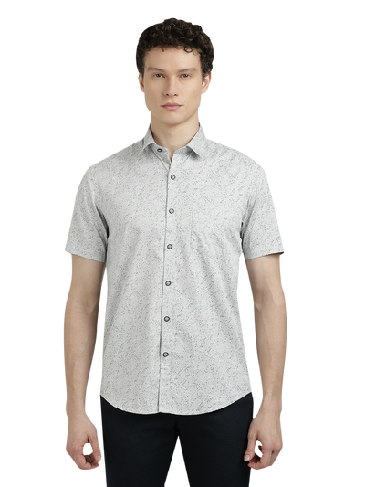 Model wearing Clarke Gable's Light Grey Printed Semi Casual Shirt in a casual setting