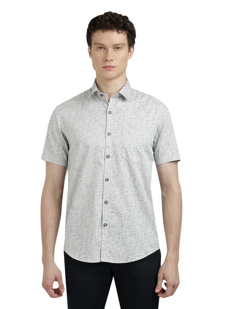 Model wearing Clarke Gable's Light Grey Printed Semi Casual Shirt in a casual setting