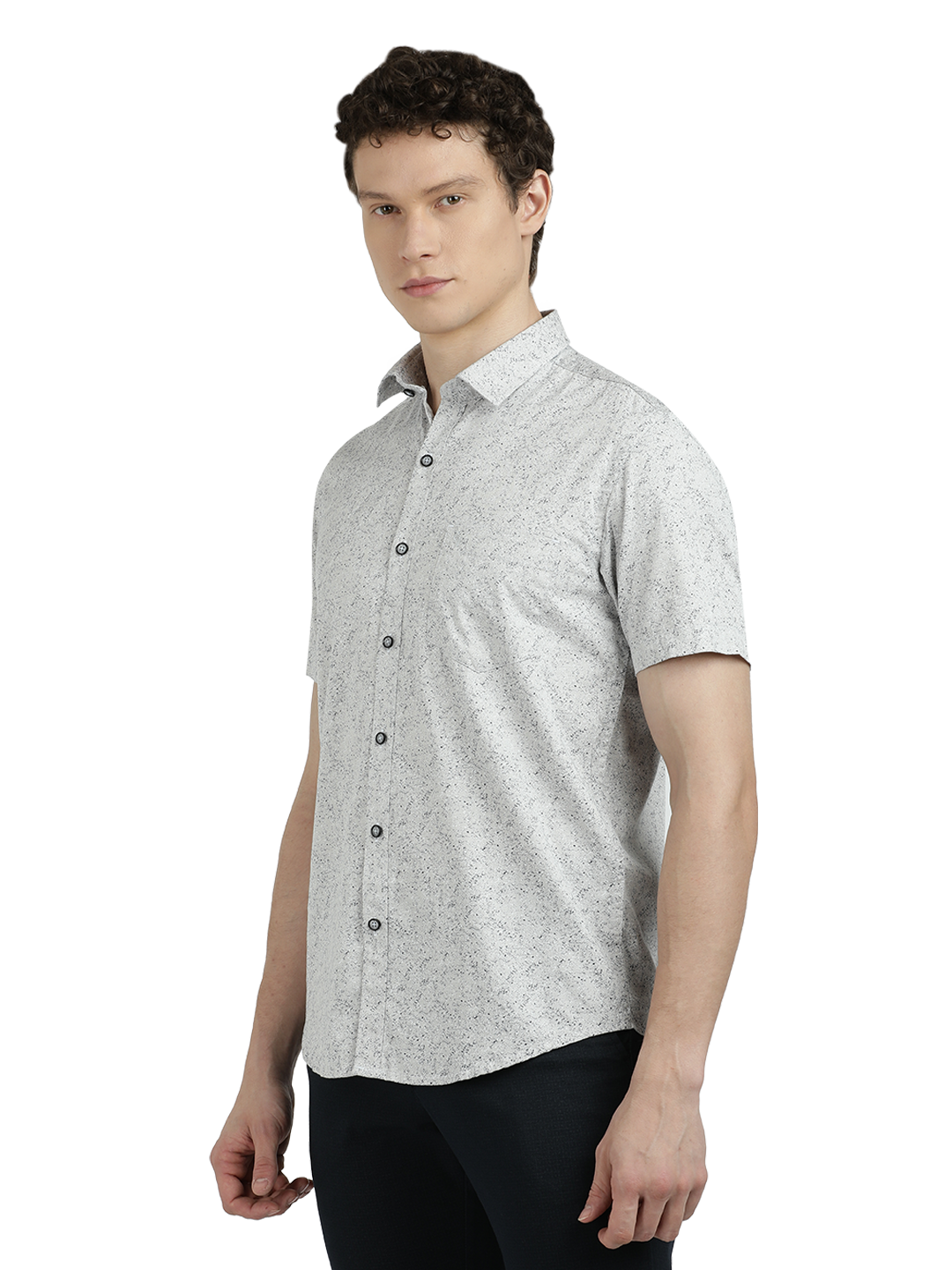 Model wearing Clarke Gable's Light Grey Printed Semi Casual Shirt in a casual setting