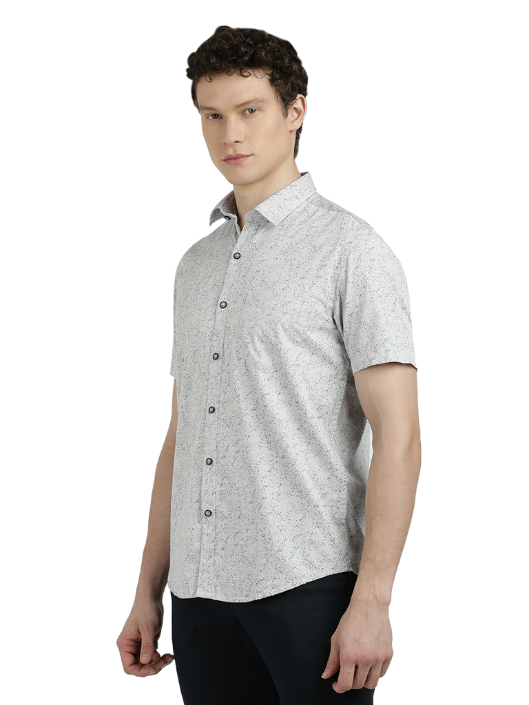 Model wearing Clarke Gable's Light Grey Printed Semi Casual Shirt in a casual setting