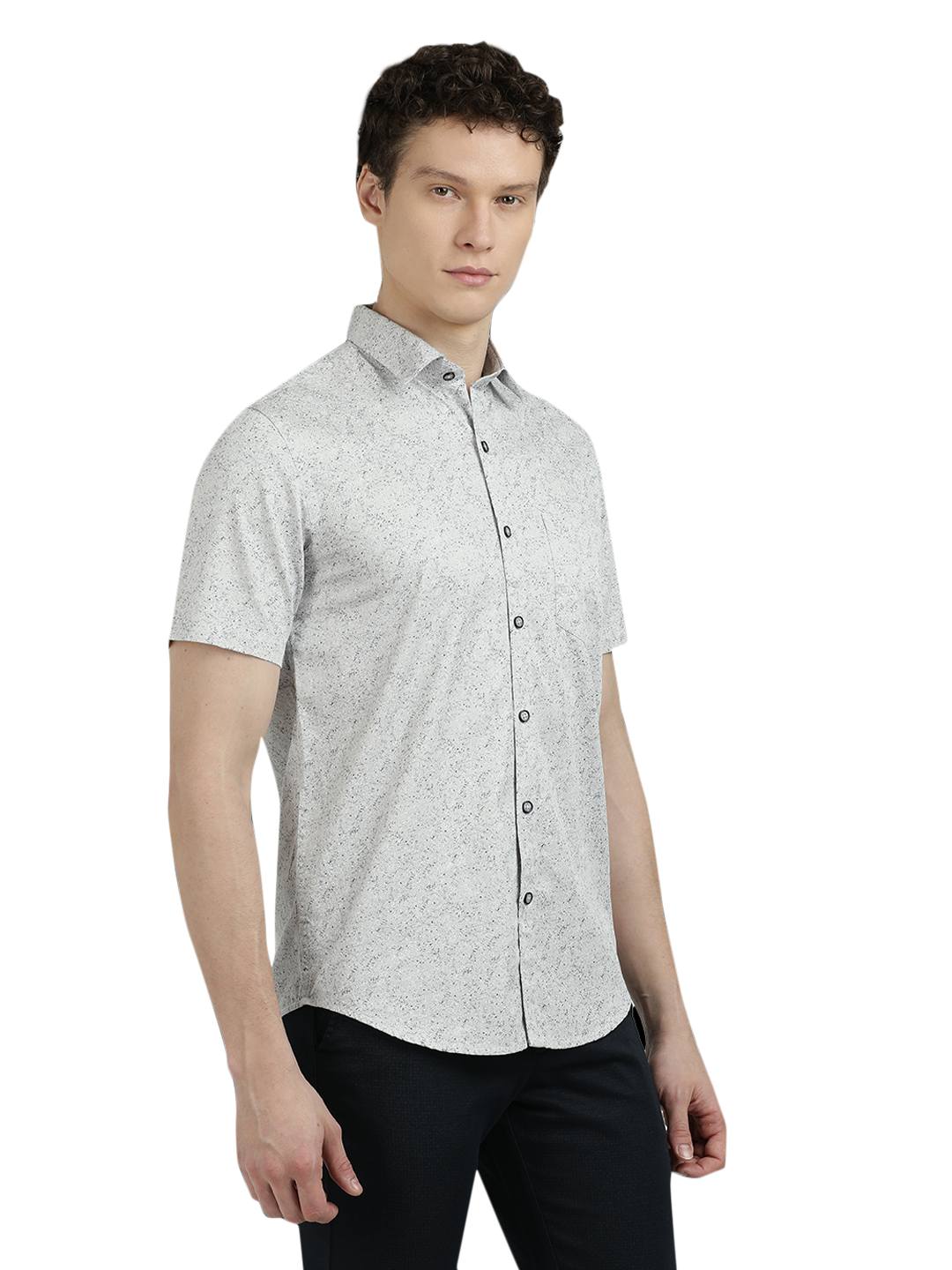 Model wearing Clarke Gable's Light Grey Printed Semi Casual Shirt in a casual setting