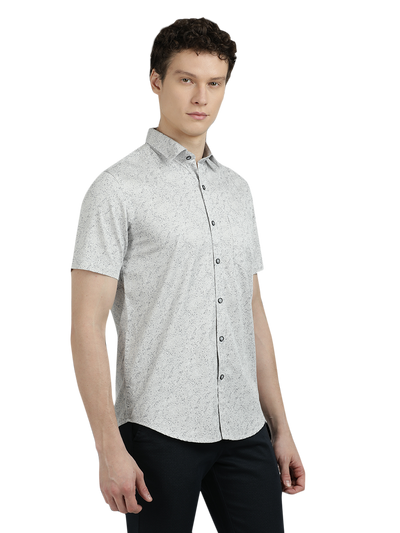 Model wearing Clarke Gable's Light Grey Printed Semi Casual Shirt in a casual setting