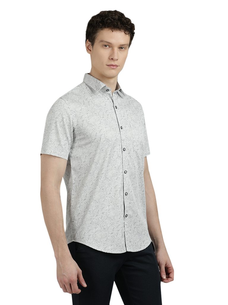 Model wearing Clarke Gable's Light Grey Printed Semi Casual Shirt in a casual setting