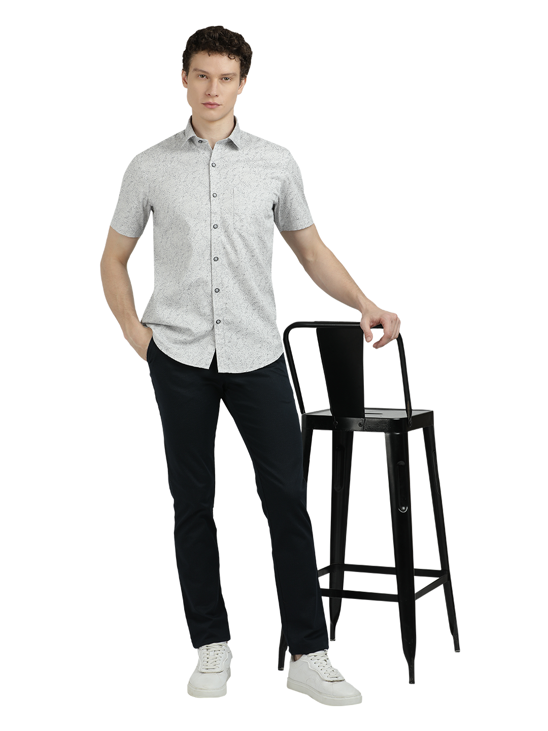 Model wearing Clarke Gable's Light Grey Printed Semi Casual Shirt in a casual setting