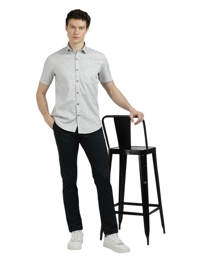 Model wearing Clarke Gable's Light Grey Printed Semi Casual Shirt in a casual setting