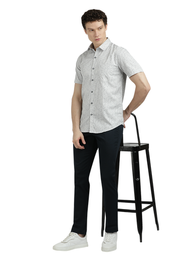 Model wearing Clarke Gable's Light Grey Printed Semi Casual Shirt in a casual setting