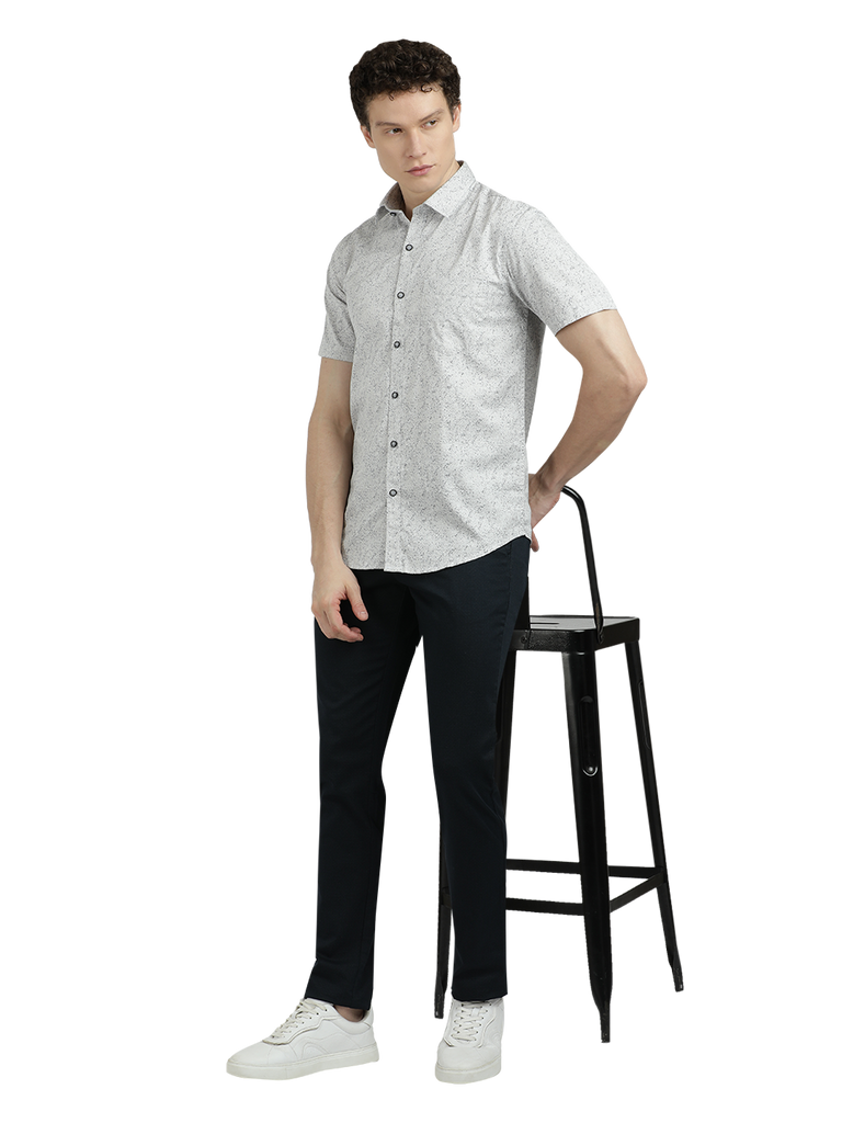 Model wearing Clarke Gable's Light Grey Printed Semi Casual Shirt in a casual setting