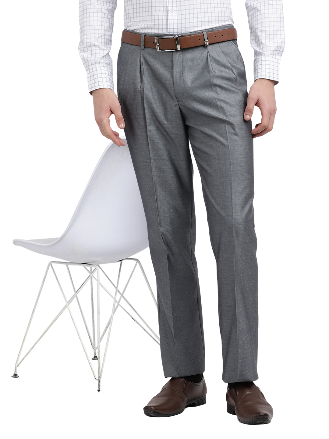 Model wearing Clarke Gable's Light Grey Relax Fit Trousers in a casual setting