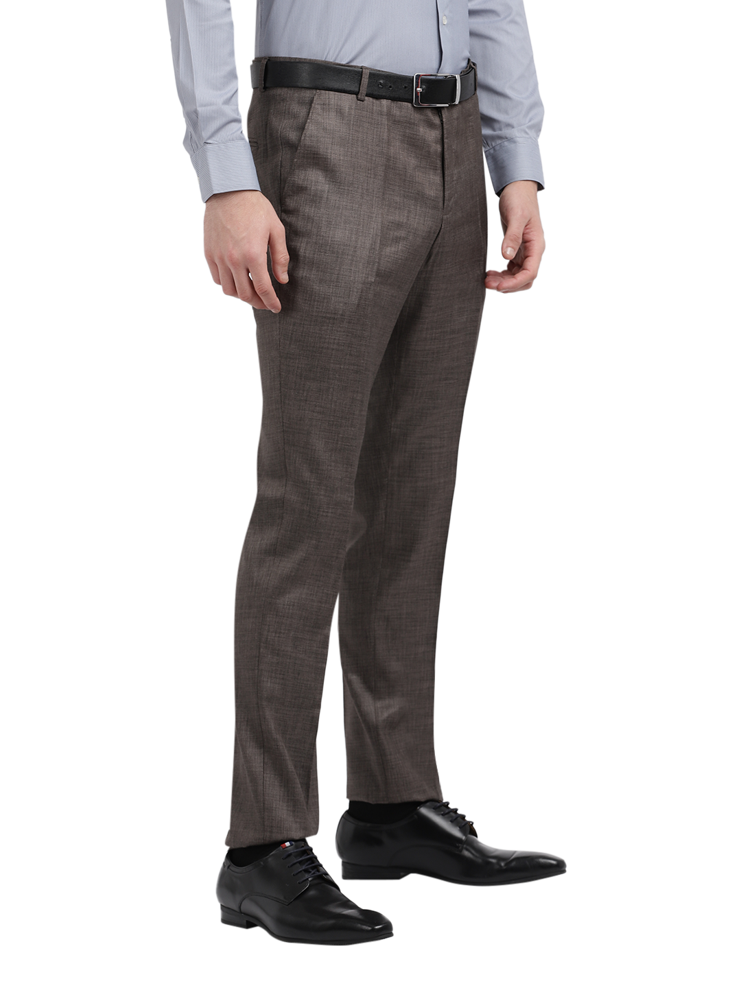 Model wearing Clarke Gable's Light Grey Sharp Fit Trousers in a casual setting