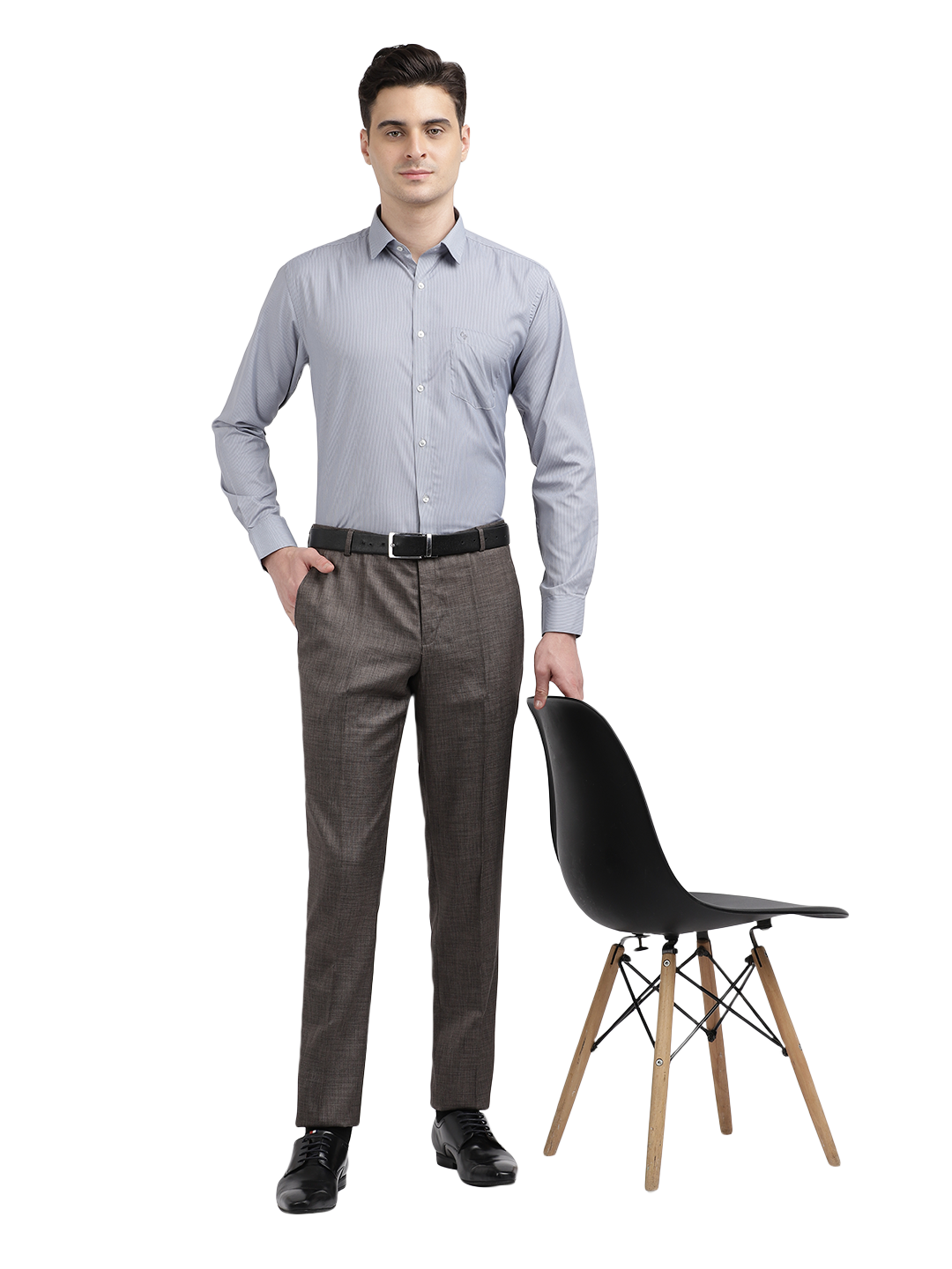 Model wearing Clarke Gable's Light Grey Sharp Fit Trousers in a casual setting