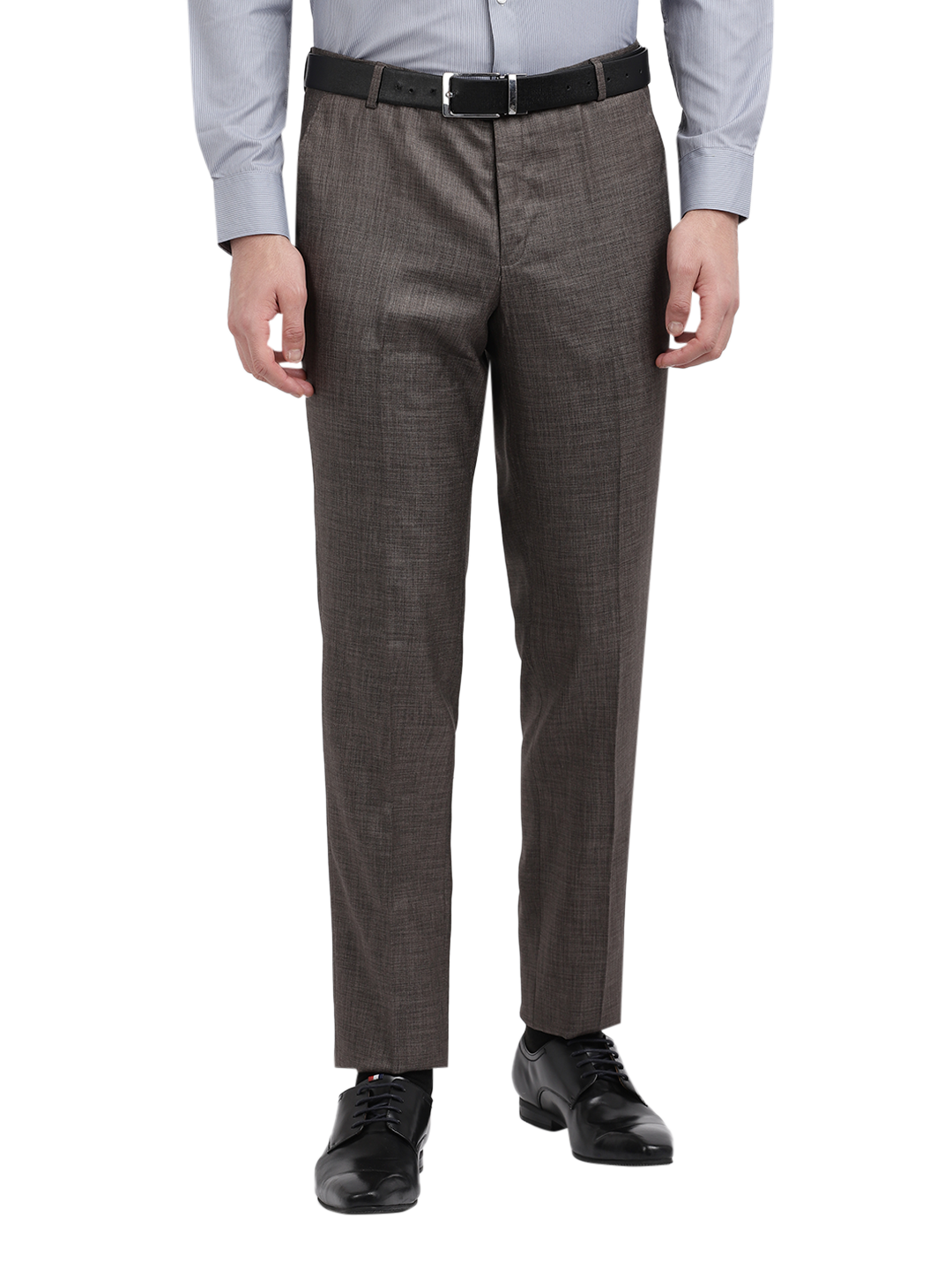 Model wearing Clarke Gable's Light Grey Sharp Fit Trousers in a casual setting