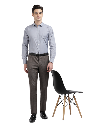 Model wearing Clarke Gable's Light Grey Sharp Fit Trousers in a casual setting