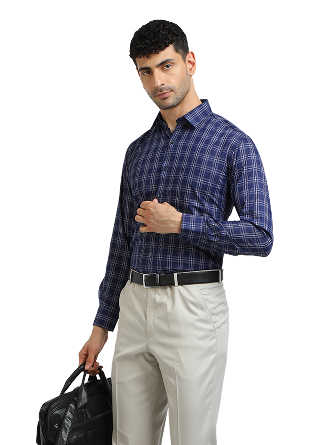 Model wearing Clarke Gable's Light Grey Smart Fit Trousers in a casual setting
