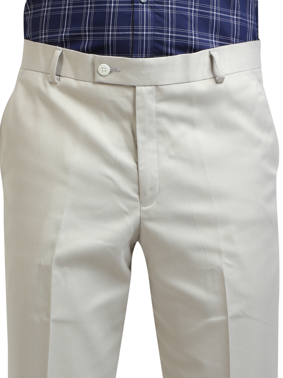 Model wearing Clarke Gable's Light Grey Smart Fit Trousers in a casual setting