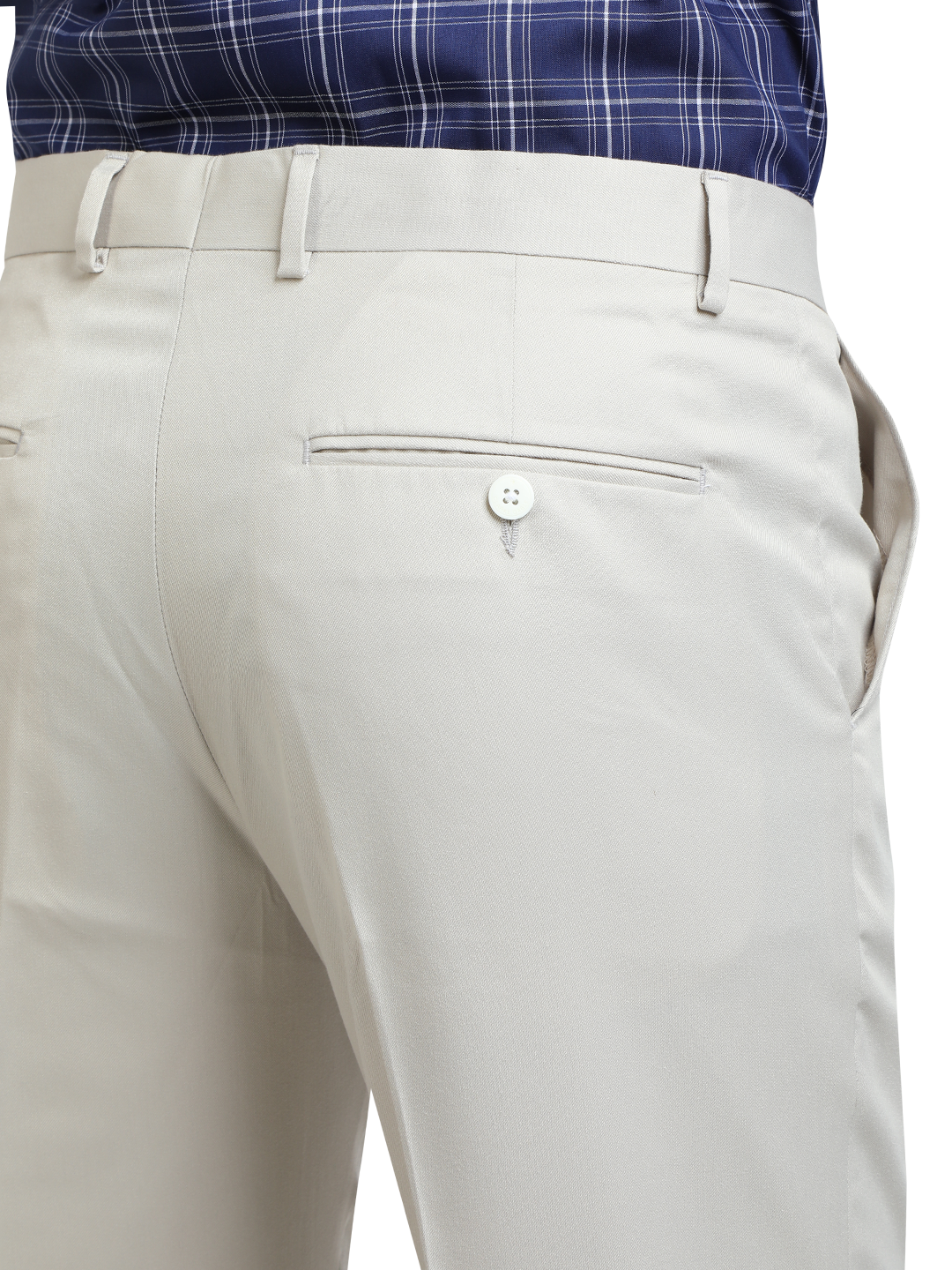 Model wearing Clarke Gable's Light Grey Smart Fit Trousers in a casual setting